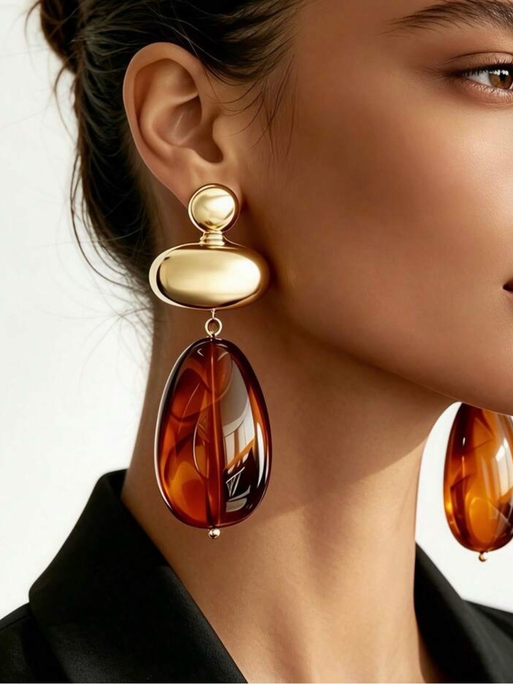 Gold Tone Amber Brown Oval Drop
Statement Earrings